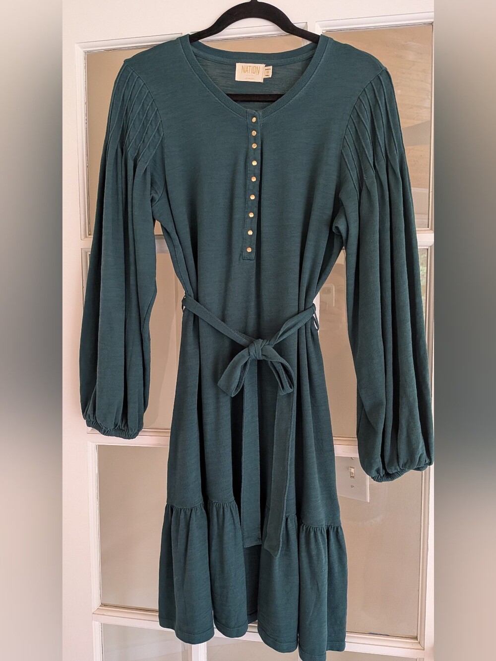 Nation LTD Teal Long-Sleeve Belted Tiered Dress